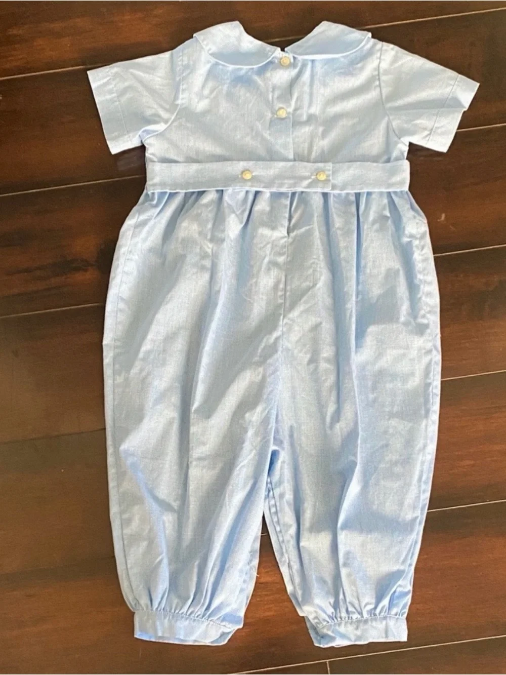 Vintage Amanda Remembered Blue Smocked Gingham Romper Embroidered Snowman Xmas